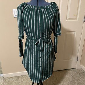 Striped Green Midi Dress with Tie Waist